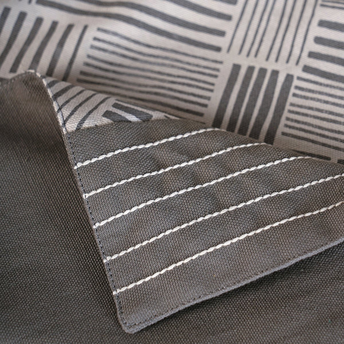 Modern Retro Grey Cotton Table Runner with Embroidered Stripe