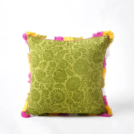MATYO Green Printed Cotton Pillow Cover with Multicolour Fringe