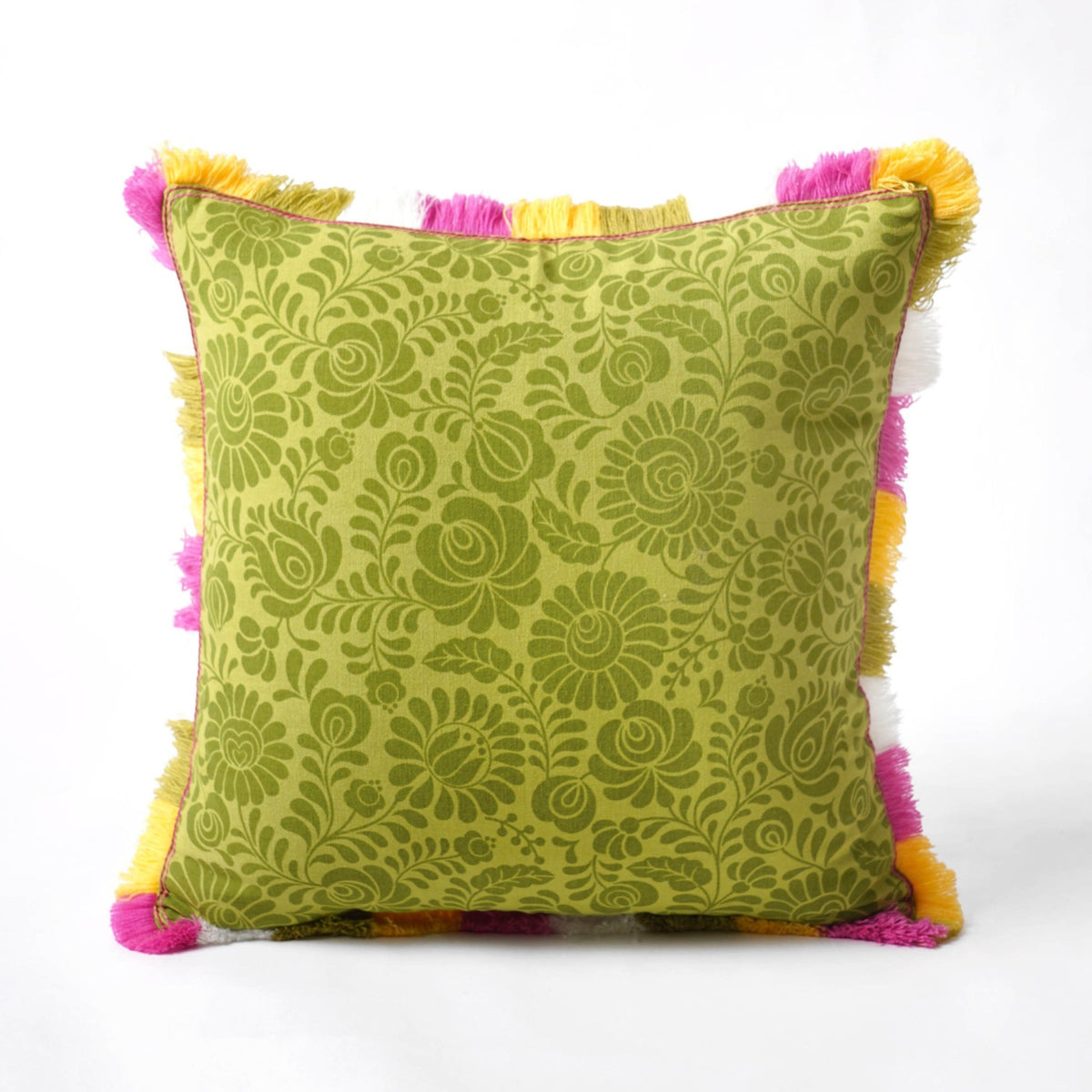 Matyo Collection | Green Printed Cotton Cushion Cover with Multicolour Acrylic Fringe | Multiple Sizes