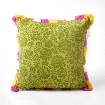 Matyo Collection | Green Printed Cotton Cushion Cover with Multicolour Acrylic Fringe | Multiple Sizes