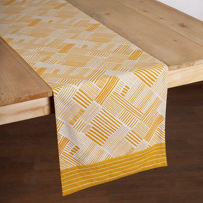 Modern Retro Mustard Yellow Stripe Print Cotton Table Runner | Embroidered Border | 4 & 6 Seater
