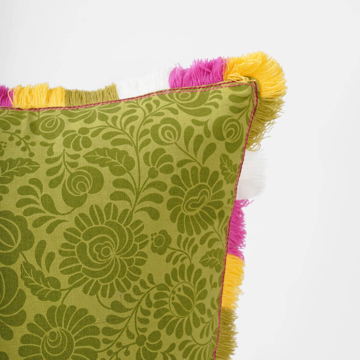 Matyo Collection | Green Printed Cotton Cushion Cover with Multicolour Acrylic Fringe | Multiple Sizes