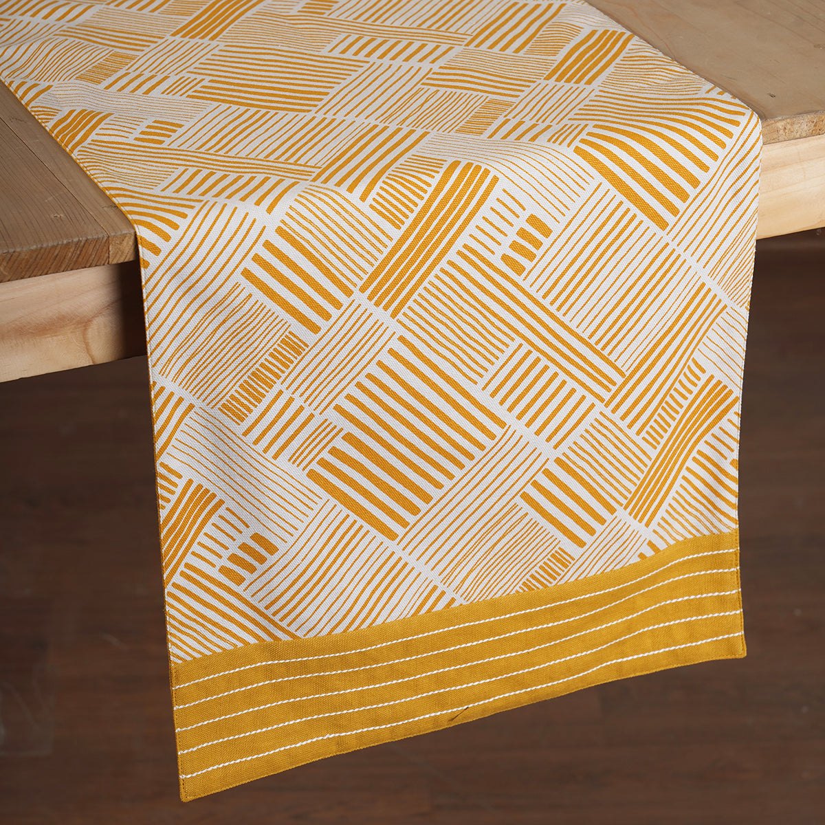 Modern Retro Mustard Yellow Stripe Print Cotton Table Runner | Embroidered Border | 4 & 6 Seater