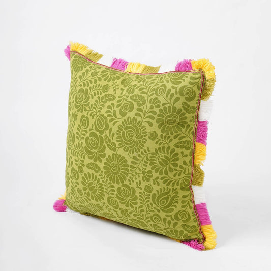 MATYO Green Printed Cotton Pillow Cover with Multicolour Fringe
