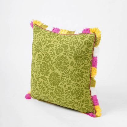 Matyo Collection | Green Printed Cotton Cushion Cover with Multicolour Acrylic Fringe | Multiple Sizes