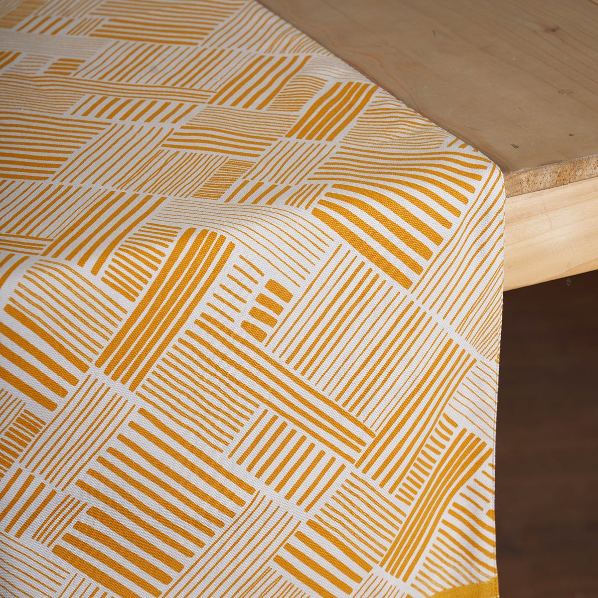 Modern Retro Mustard Yellow Stripe Print Cotton Table Runner | Embroidered Border | 4 & 6 Seater