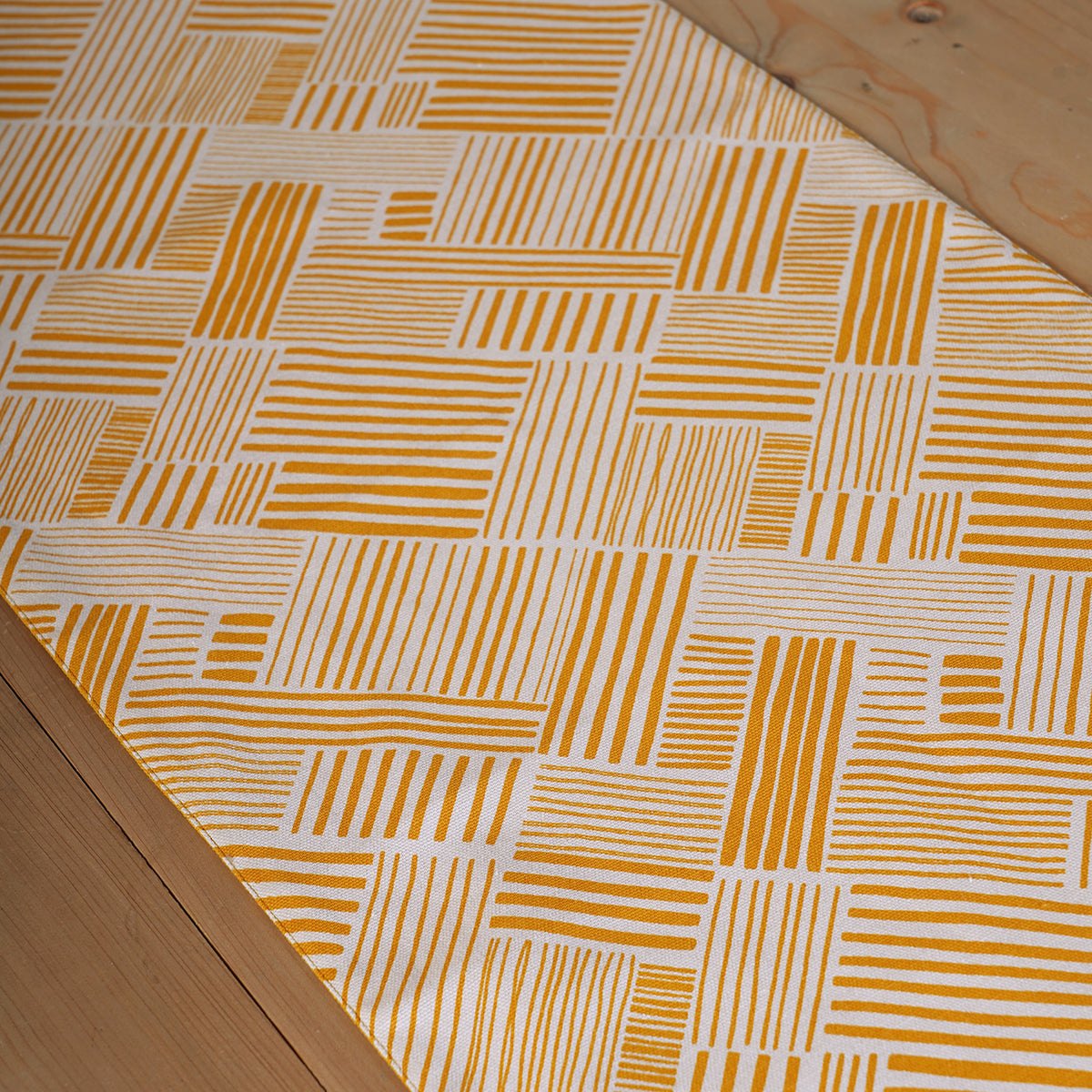 Modern Retro Mustard Yellow Stripe Print Cotton Table Runner | Embroidered Border | 4 & 6 Seater