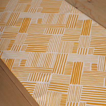 Modern Retro Mustard Yellow Stripe Print Cotton Table Runner | Embroidered Border | 4 & 6 Seater