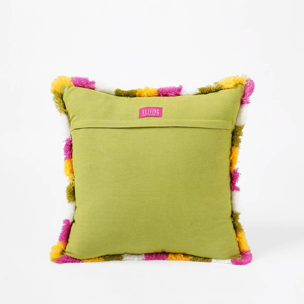 Matyo Collection | Green Printed Cotton Cushion Cover with Multicolour Acrylic Fringe | Multiple Sizes