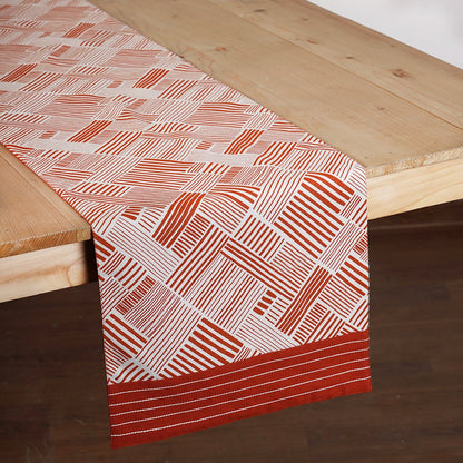 Terracotta Cotton Table Runner with Embroidered Stripe Border
