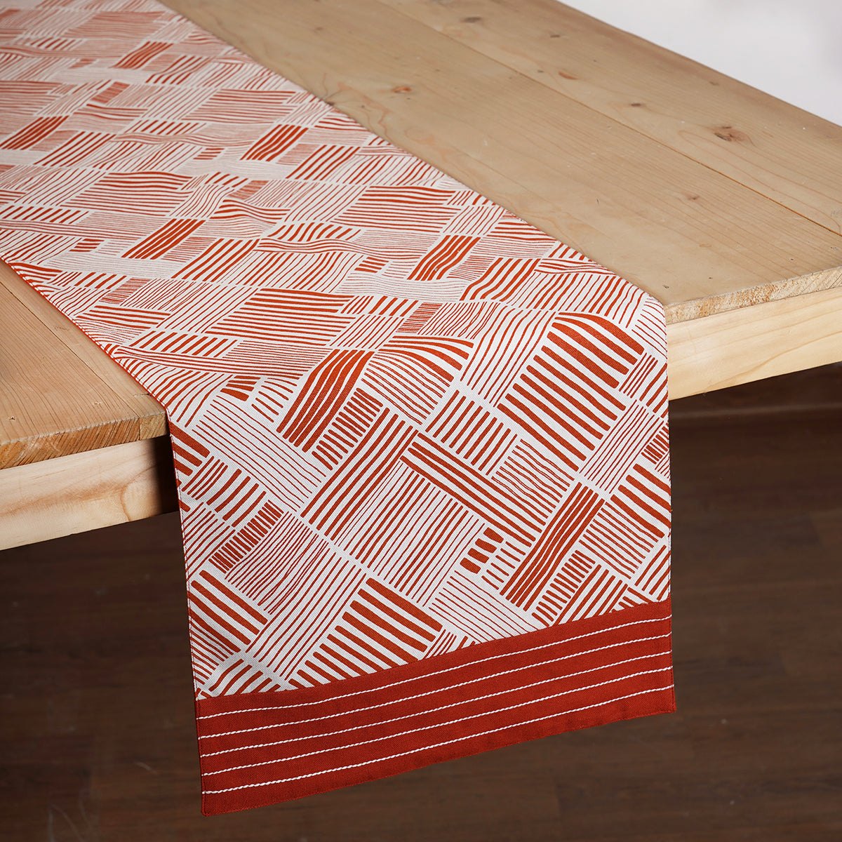 Modern Retro Terracotta Stripe Print Cotton Table Runner | Embroidered Border | 4 & 6 Seater