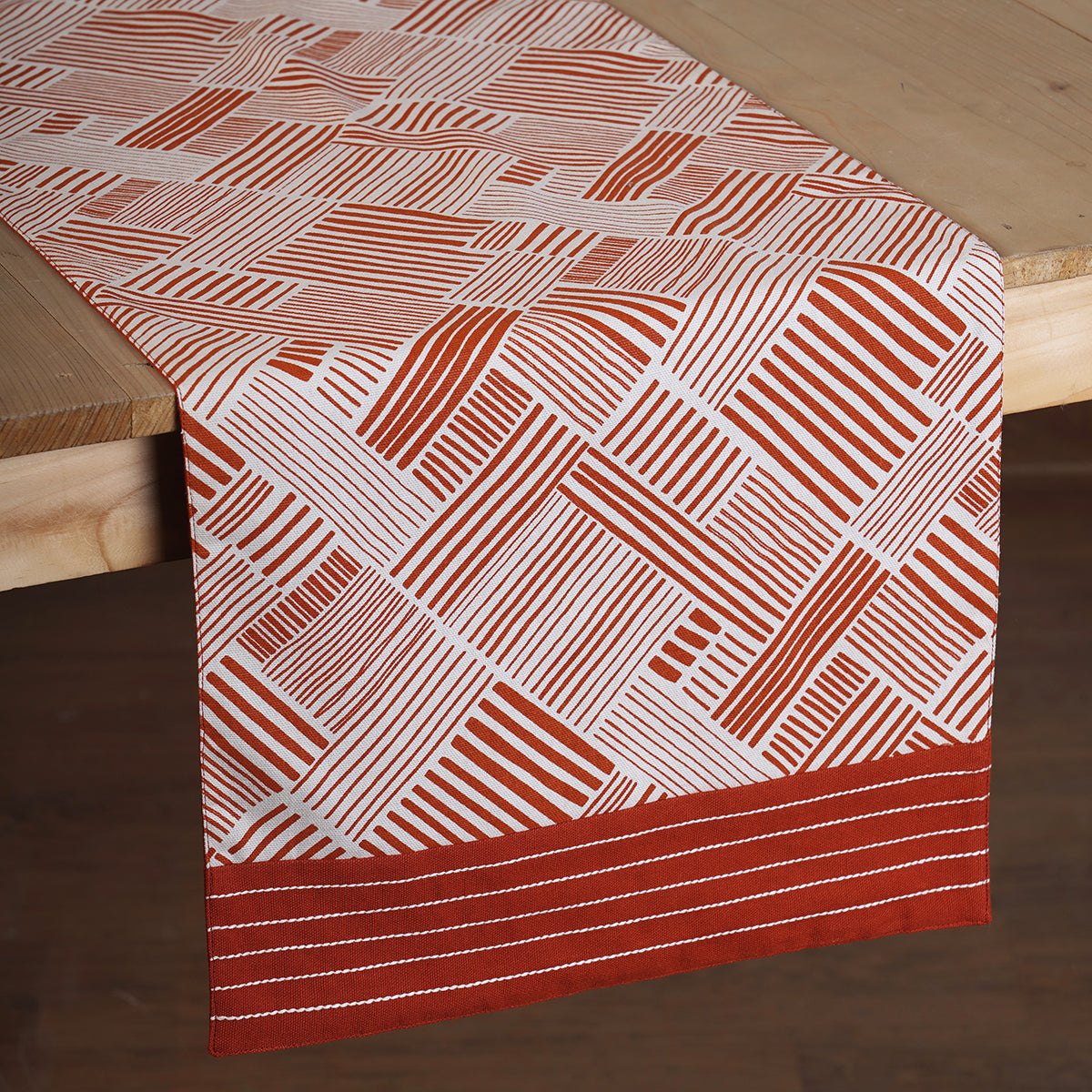Modern Retro Terracotta Stripe Print Cotton Table Runner | Embroidered Border | 4 & 6 Seater