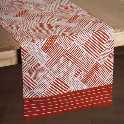Modern Retro Terracotta Stripe Print Cotton Table Runner | Embroidered Border | 4 & 6 Seater