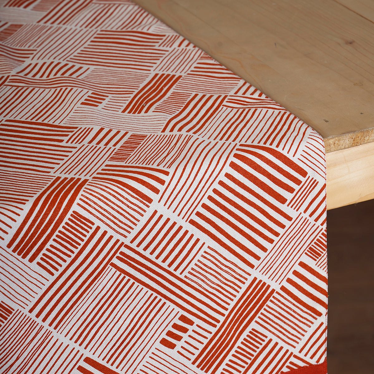 Terracotta Cotton Table Runner with Embroidered Stripe Border