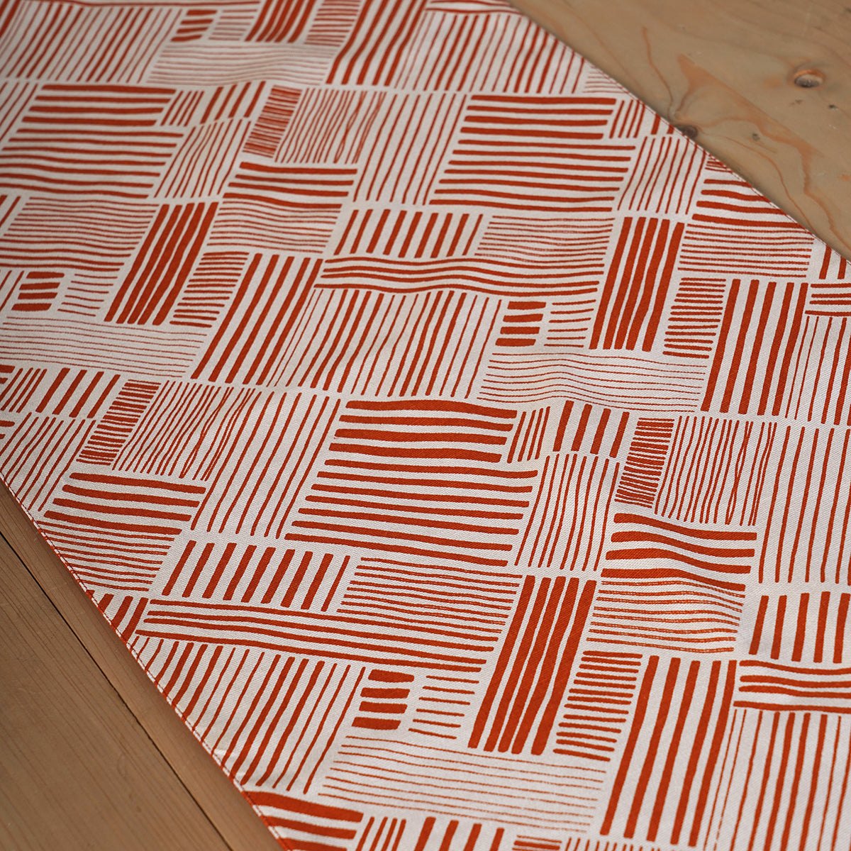 Modern Retro Terracotta Stripe Print Cotton Table Runner | Embroidered Border | 4 & 6 Seater