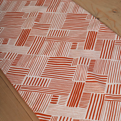 Modern Retro Terracotta Stripe Print Cotton Table Runner | Embroidered Border | 4 & 6 Seater