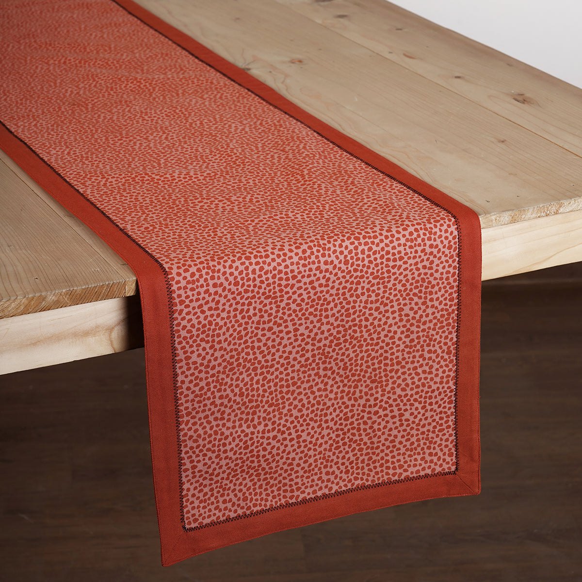 Modern Retro Terracotta Dot Print Cotton Table Runner | Zig-Zag Embroidered Border | 4 & 6 Seater
