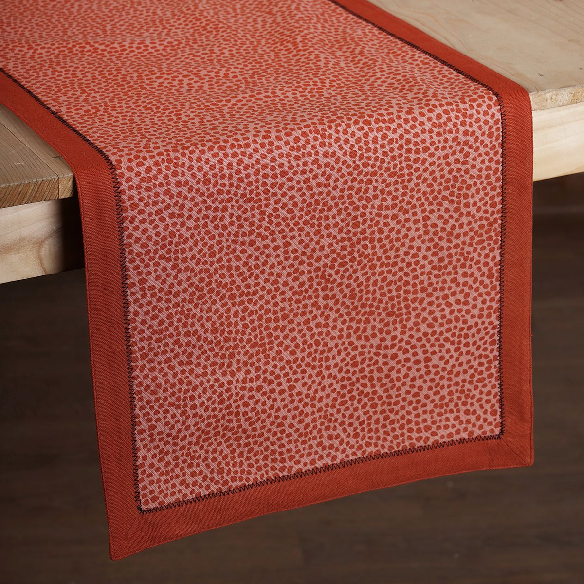 Modern Retro Terracotta Dot Print Cotton Table Runner | Zig-Zag Embroidered Border | 4 & 6 Seater