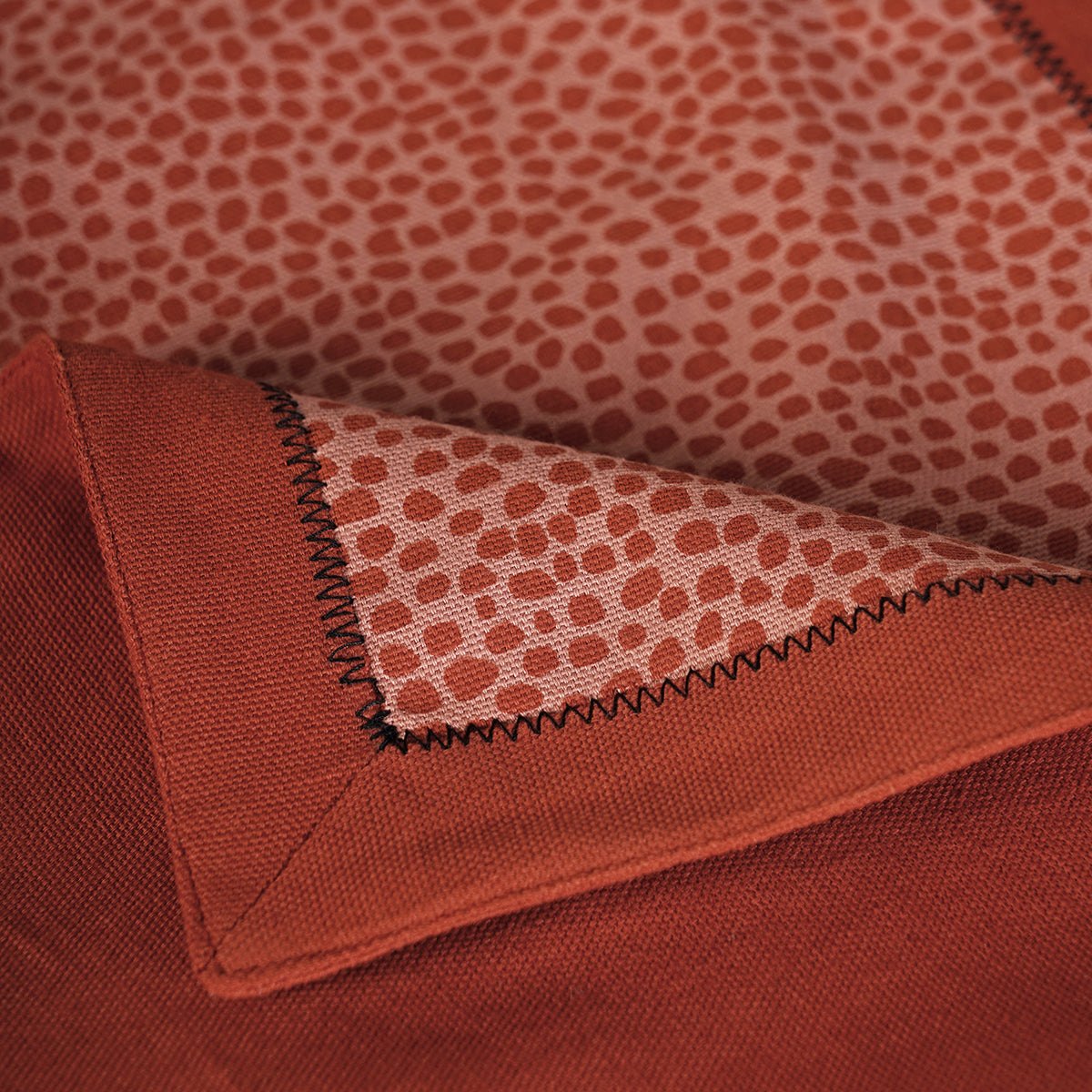 Modern Retro Terracotta Dot Print Cotton Table Runner | Zig-Zag Embroidered Border | 4 & 6 Seater