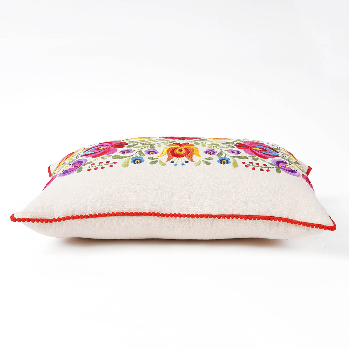 Matyo Embroidered Oblong Cushion Cover | Hungarian Floral Embroidery | Red Pompom Lace | 14x21 inches