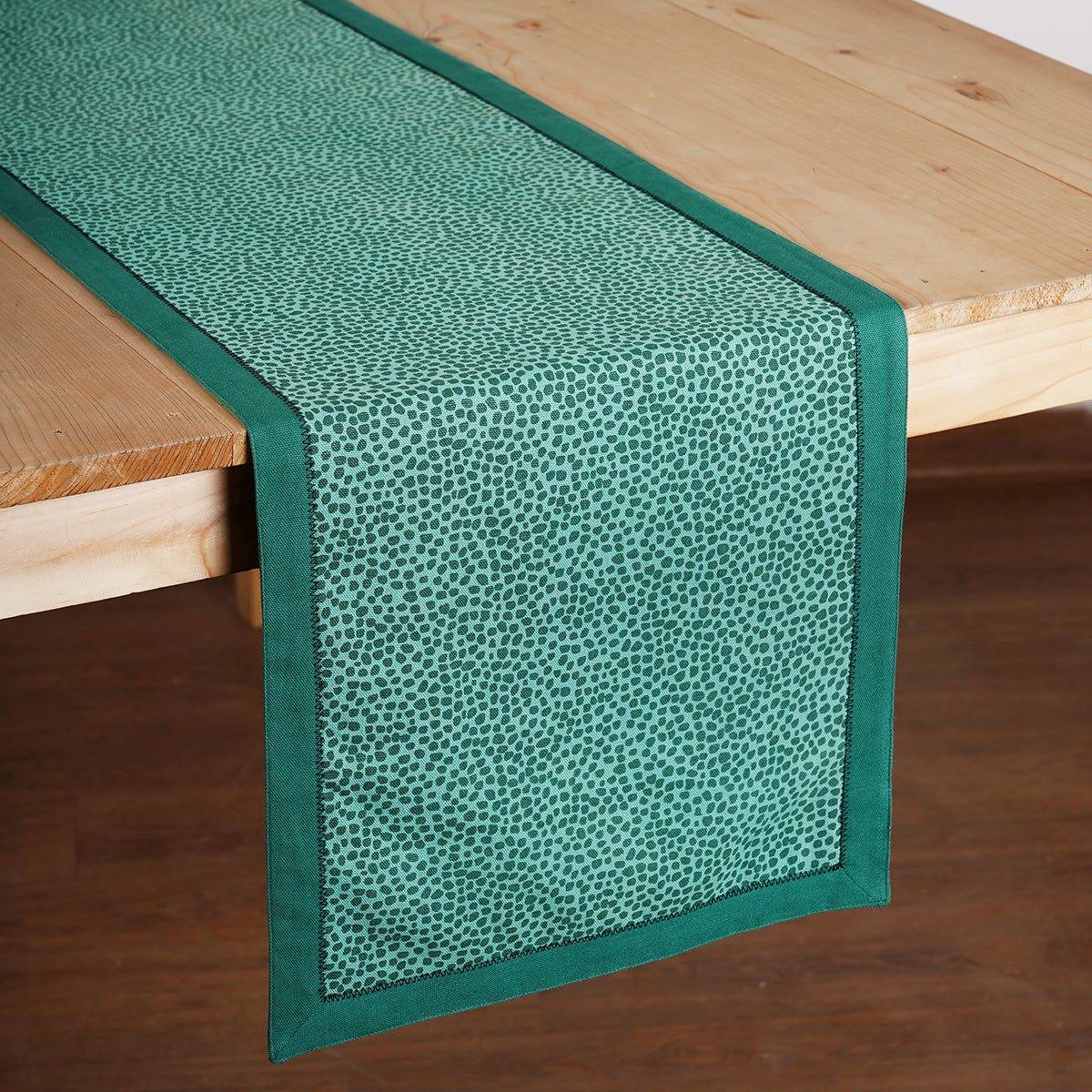 Modern Retro Aqua Green Dot Print Cotton Table Runner | Zig-Zag Embroidered Border | 4 & 6 Seater
