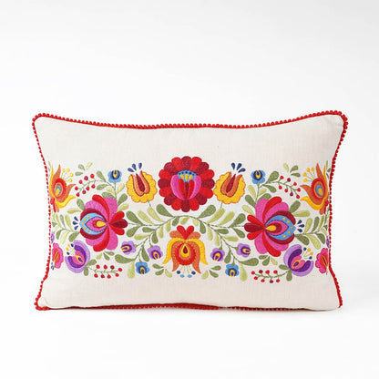 MATYO Embroidered Oblong Cotton Pillow Cover with Red Pompom Lace