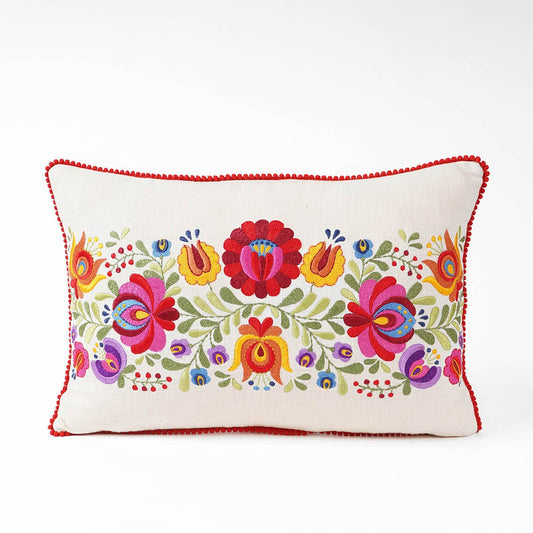 MATYO Embroidered Oblong Cotton Pillow Cover with Red Pompom Lace