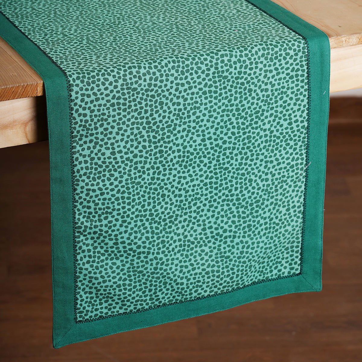 Modern Retro Aqua Green Dot Print Cotton Table Runner | Zig-Zag Embroidered Border | 4 & 6 Seater