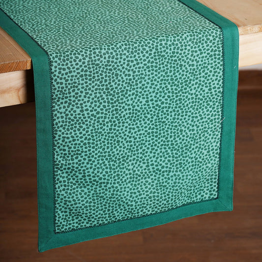 Modern Retro Aqua Green Dot Print Cotton Table Runner | Zig-Zag Embroidered Border | 4 & 6 Seater