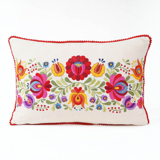 Matyo Embroidered Oblong Cushion Cover | Hungarian Floral Embroidery | Red Pompom Lace | 14x21 inches