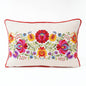 Matyo Embroidered Oblong Cushion Cover | Hungarian Floral Embroidery | Red Pompom Lace | 14x21 inches
