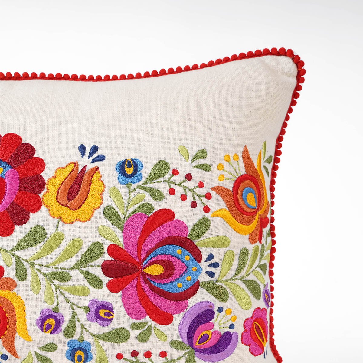 Matyo Embroidered Oblong Cushion Cover | Hungarian Floral Embroidery | Red Pompom Lace | 14x21 inches
