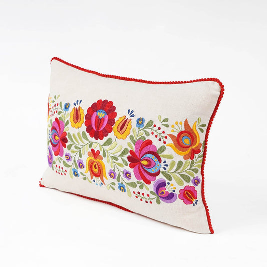 MATYO Embroidered Oblong Cotton Pillow Cover with Red Pom Lace