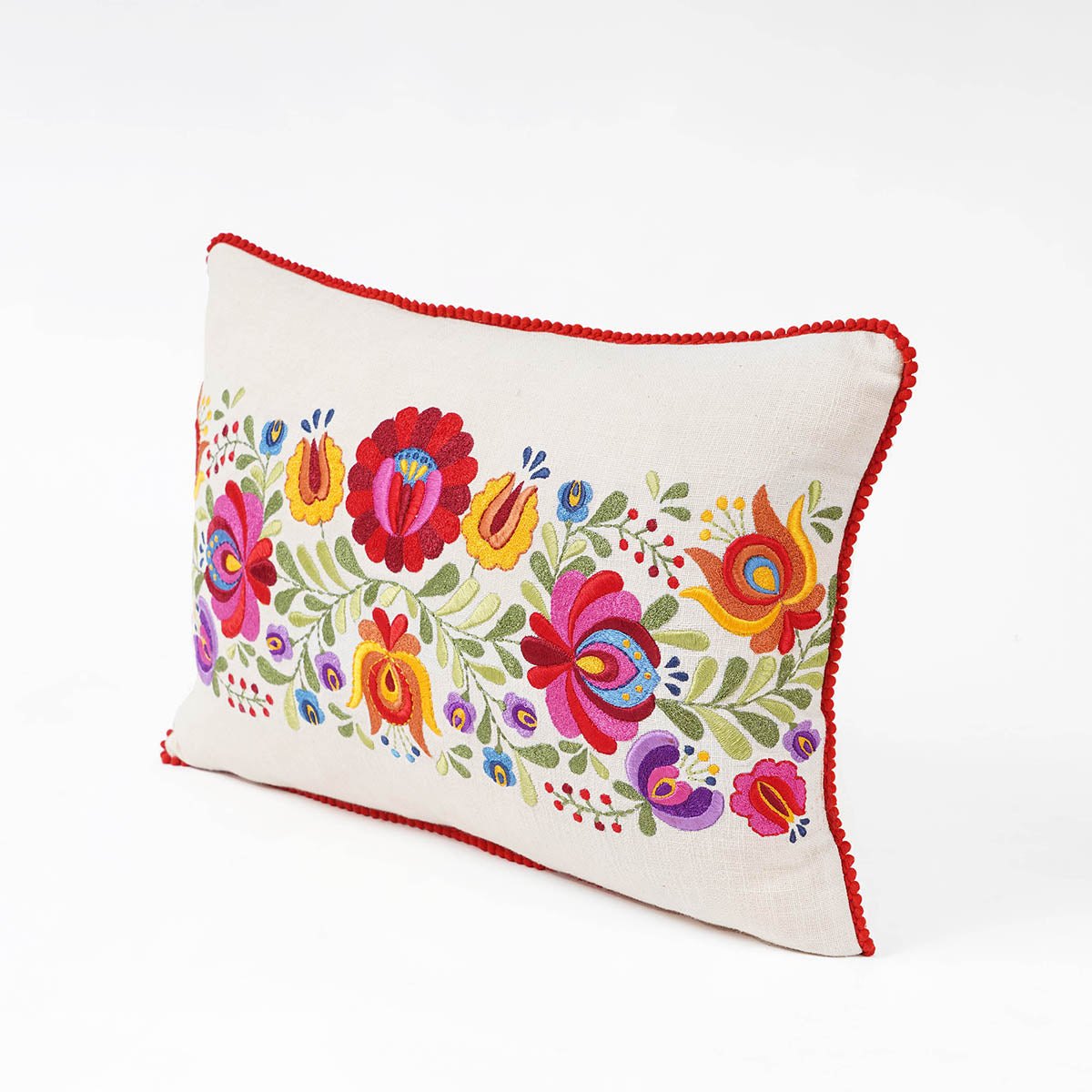Matyo Embroidered Oblong Cushion Cover | Hungarian Floral Embroidery | Red Pompom Lace | 14x21 inches