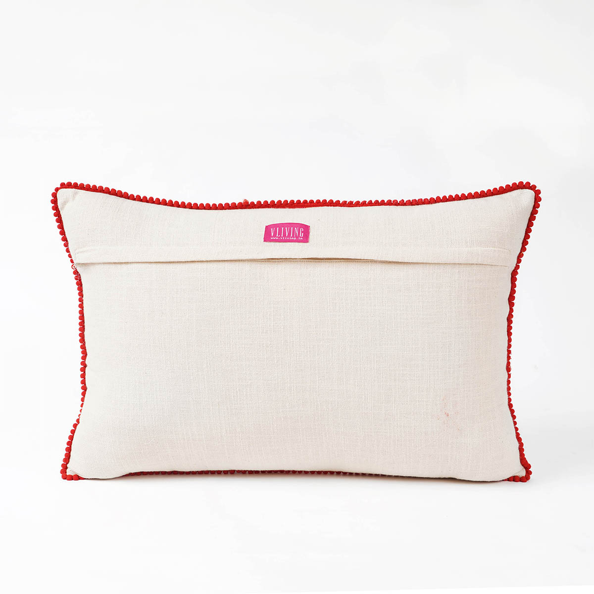 Matyo Embroidered Oblong Cushion Cover | Hungarian Floral Embroidery | Red Pompom Lace | 14x21 inches