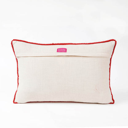 Matyo Embroidered Oblong Cushion Cover | Hungarian Floral Embroidery | Red Pompom Lace | 14x21 inches