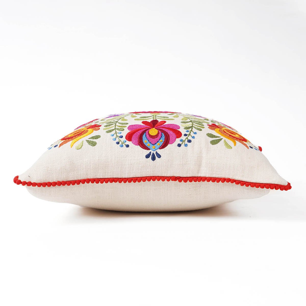 Matyo Embroidered Cotton Cushion Cover | Hungarian Floral Embroidery | Red Pompom Lace | Sizes Available