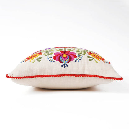 Matyo Embroidered Cotton Cushion Cover | Hungarian Floral Embroidery | Red Pompom Lace | Sizes Available