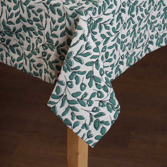 Aqua Green Leaf Print Cotton Tablecloth – Modern Retro Design