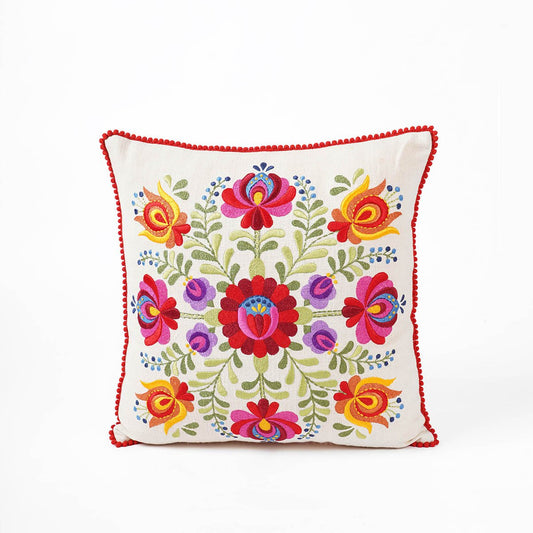 MATYO Embroidered Cotton Pillow Cover with Red Pom Pom Lace