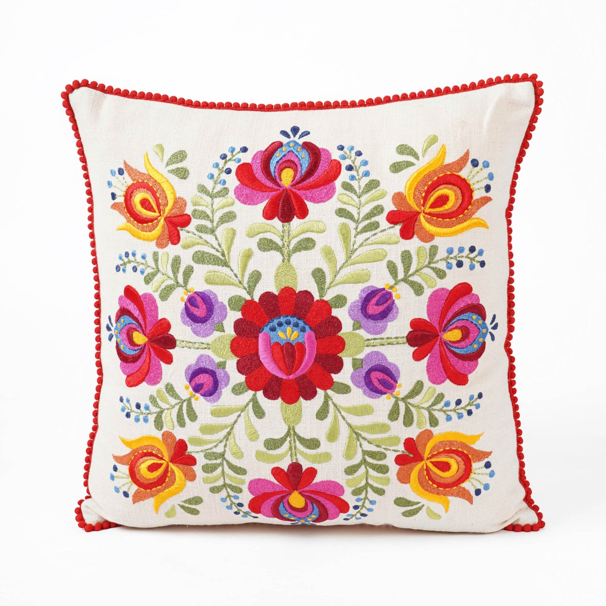Matyo Embroidered Cotton Cushion Cover | Hungarian Floral Embroidery | Red Pompom Lace | Sizes Available