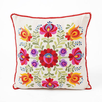 Matyo Embroidered Cotton Cushion Cover | Hungarian Floral Embroidery | Red Pompom Lace | Sizes Available