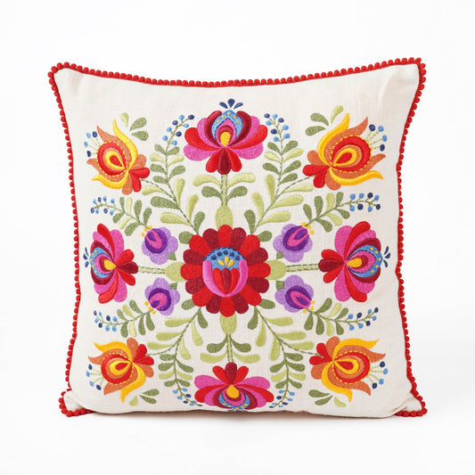Matyo Embroidered Cotton Cushion Cover | Hungarian Floral Embroidery | Red Pompom Lace | Sizes Available
