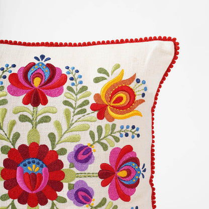 Matyo Embroidered Cotton Cushion Cover | Hungarian Floral Embroidery | Red Pompom Lace | Sizes Available
