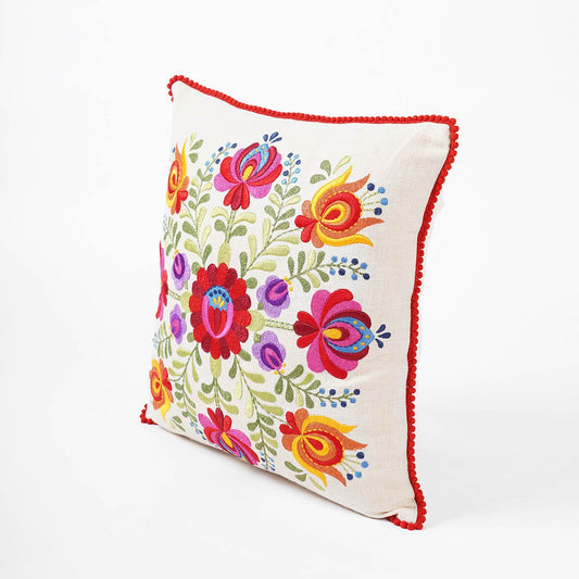 MATYO Embroidered Cotton Pillow Cover with Red Pom Pom Lace