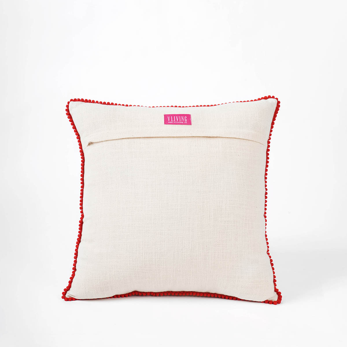 MATYO Embroidered Cotton Pillow Cover with Red Pom Pom Lace