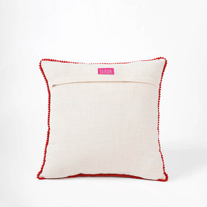 MATYO Embroidered Cotton Pillow Cover with Red Pom Pom Lace