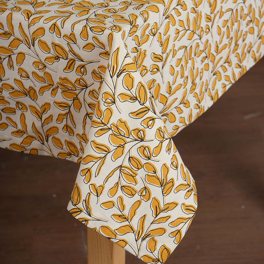 Modern Retro Mustard Yellow Cotton Tablecloth with Leaf Print