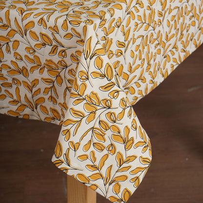 Modern Retro Mustard Yellow Leaf Print Cotton Tablecloth | Round, Square & Rectangular | Multiple Sizes
