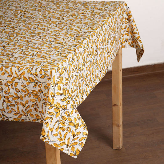 Modern Retro Mustard Yellow Cotton Tablecloth with Leaf Print